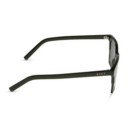 diff eyewear featuring the billie square sunglasses with a dark olive green crystal frame and g15 polarized lenses side view