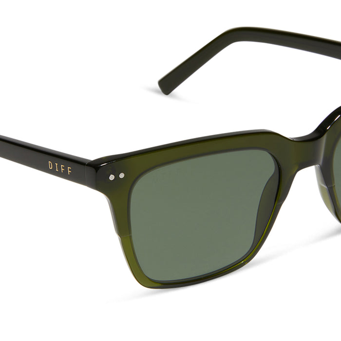 diff eyewear featuring the billie square sunglasses with a dark olive green crystal frame and g15 polarized lenses detailed view