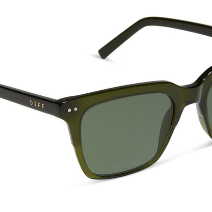diff eyewear featuring the billie square sunglasses with a dark olive green crystal frame and g15 polarized lenses detailed view