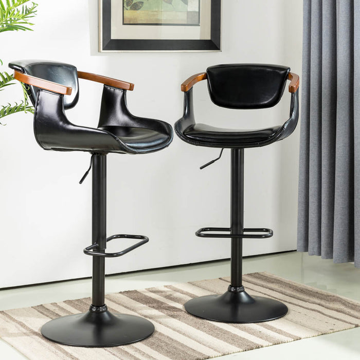 Black Leatherette Gaslift Adjustable Swivwl Bar Stools, Set of 2