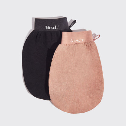 Kitsch Black and Terracotta Exfoliating Gloves laid flat on a white background showing both gloves side by side