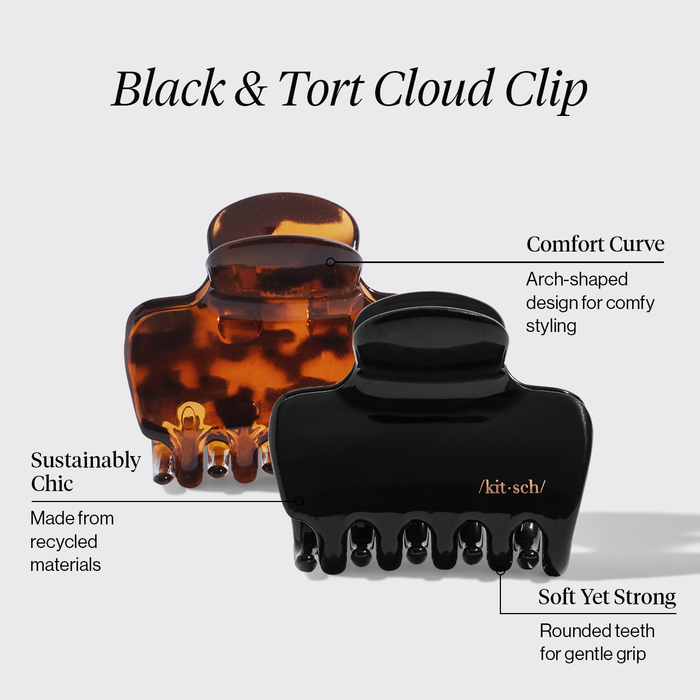 Black & Tort Cloud Claw Clips infographic showing clip design and features