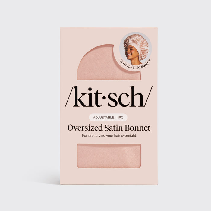 KITSCH Blush Oversized Satin Bonnet — packaging shot — adjustable, double-layered satin