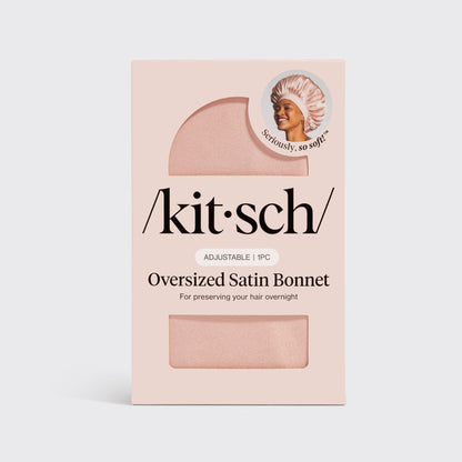 KITSCH Blush Oversized Satin Bonnet — packaging shot — adjustable, double-layered satin