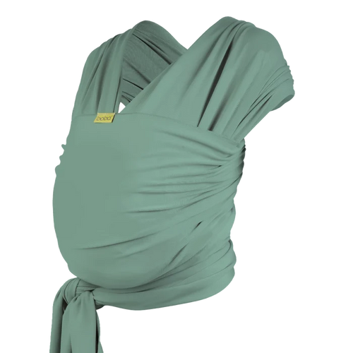 A Boba Classic Baby Wrap, made from a soft 95% French Terry cotton blend and 5% Spandex. Ergonomic, award-winning design fits babies from 7 Ibs to 35 Ibs, best up to 20 Ibs. Machine washable, dryer friendly, and certified hip-healthy. Sage Green