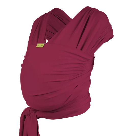 A Boba Classic Baby Wrap, made from a soft 95% French Terry cotton blend and 5% Spandex. Ergonomic, award-winning design fits babies from 7 Ibs to 35 Ibs, best up to 20 Ibs. Machine washable, dryer friendly, and certified hip-healthy. Sangria