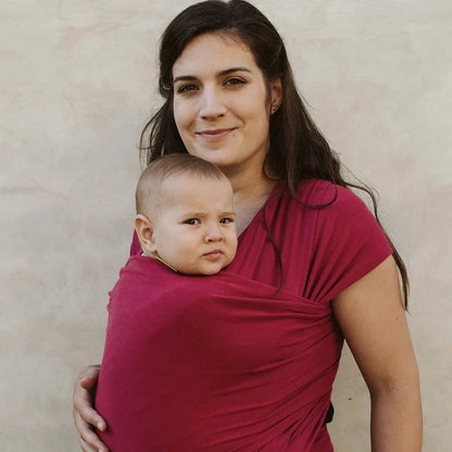 A Boba Classic Baby Wrap, made from a soft 95% French Terry cotton blend and 5% Spandex. Ergonomic, award-winning design fits babies from 7 Ibs to 35 Ibs, best up to 20 Ibs. Machine washable, dryer friendly, and certified hip-healthy. Sangria