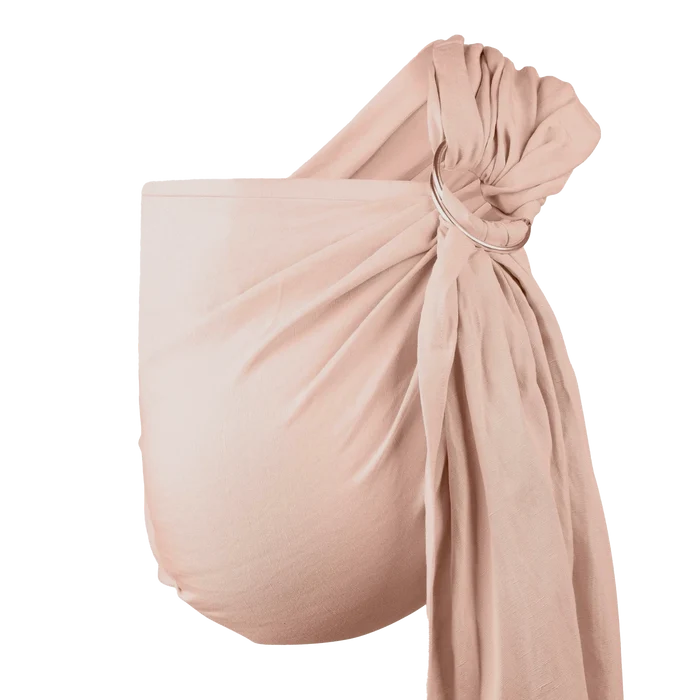 A Boba Ring Sling Baby Carrier made from a unique linen bamboo viscose fabric blend, perfect for all seasons. Lightweight and breathable, it stores compactly, ideal for newborn snuggles to toddler ups and downs (8 - 35Ibs). Peony Pink