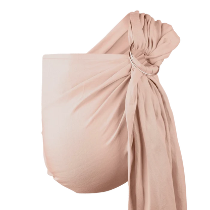 A Boba Ring Sling Baby Carrier made from a unique linen bamboo viscose fabric blend, perfect for all seasons. Lightweight and breathable, it stores compactly, ideal for newborn snuggles to toddler ups and downs (8 - 35Ibs). Peony Pink