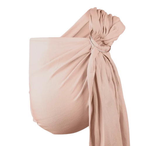 A Boba Ring Sling Baby Carrier made from a unique linen bamboo viscose fabric blend, perfect for all seasons. Lightweight and breathable, it stores compactly, ideal for newborn snuggles to toddler ups and downs (8 - 35Ibs). Peony Pink