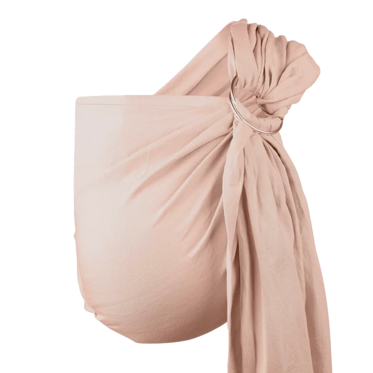 A Boba Ring Sling Baby Carrier made from a unique linen bamboo viscose fabric blend, perfect for all seasons. Lightweight and breathable, it stores compactly, ideal for newborn snuggles to toddler ups and downs (8 - 35Ibs). Peony Pink
