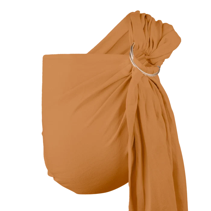 A Boba Ring Sling Baby Carrier made from a unique linen bamboo viscose fabric blend, perfect for all seasons. Lightweight and breathable, it stores compactly, ideal for newborn snuggles to toddler ups and downs (8 - 35Ibs). Rye Brown