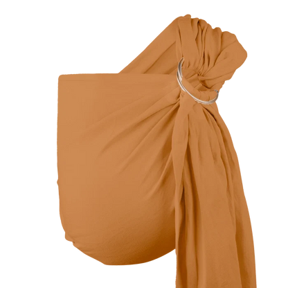 A Boba Ring Sling Baby Carrier made from a unique linen bamboo viscose fabric blend, perfect for all seasons. Lightweight and breathable, it stores compactly, ideal for newborn snuggles to toddler ups and downs (8 - 35Ibs). Rye Brown