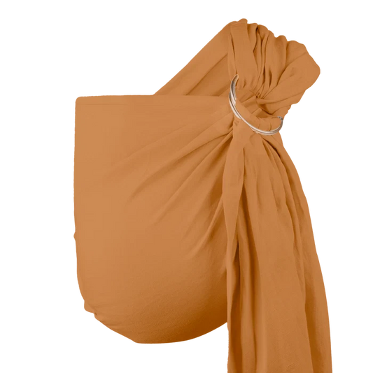 A Boba Ring Sling Baby Carrier made from a unique linen bamboo viscose fabric blend, perfect for all seasons. Lightweight and breathable, it stores compactly, ideal for newborn snuggles to toddler ups and downs (8 - 35Ibs). Rye Brown