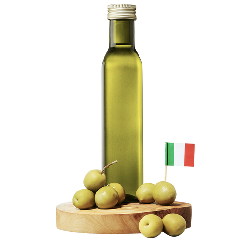 A bottle of Bonsecco Extra Virgin Olive Oil with a small Italian flag and green olives on a wooden board.