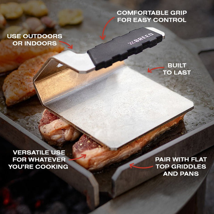 An image of the griddle press with feature callouts