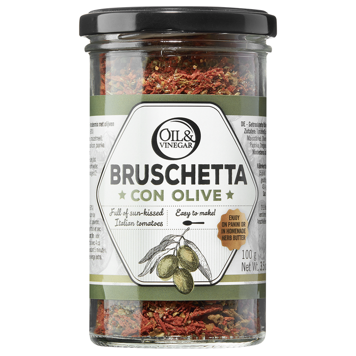 A jar of Bruschetta Con Olive dried herb blend, showing the product name and olive on the label.