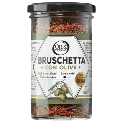A jar of Bruschetta Con Olive dried herb blend, showing the product name and olive on the label.