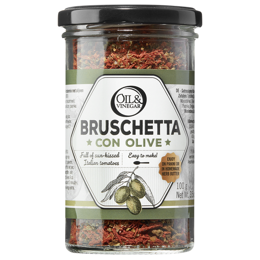 A jar of Bruschetta Con Olive dried herb blend, showing the product name and olive on the label.