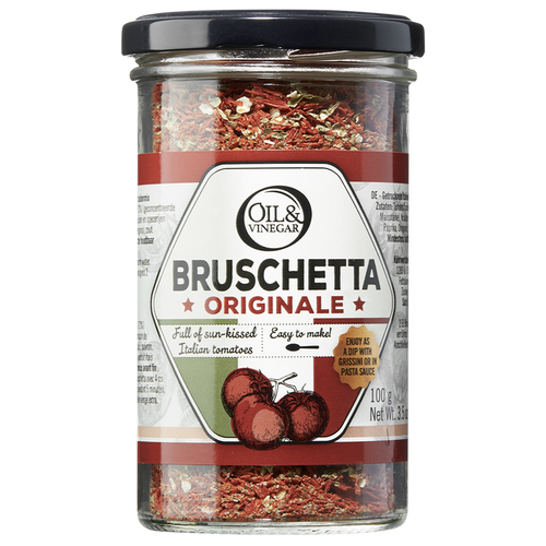 A jar of Bruschetta Originale dried herb blend by Oil & Vinegar, displaying the product label with the name and an image of dried tomatoes and herbs inside.