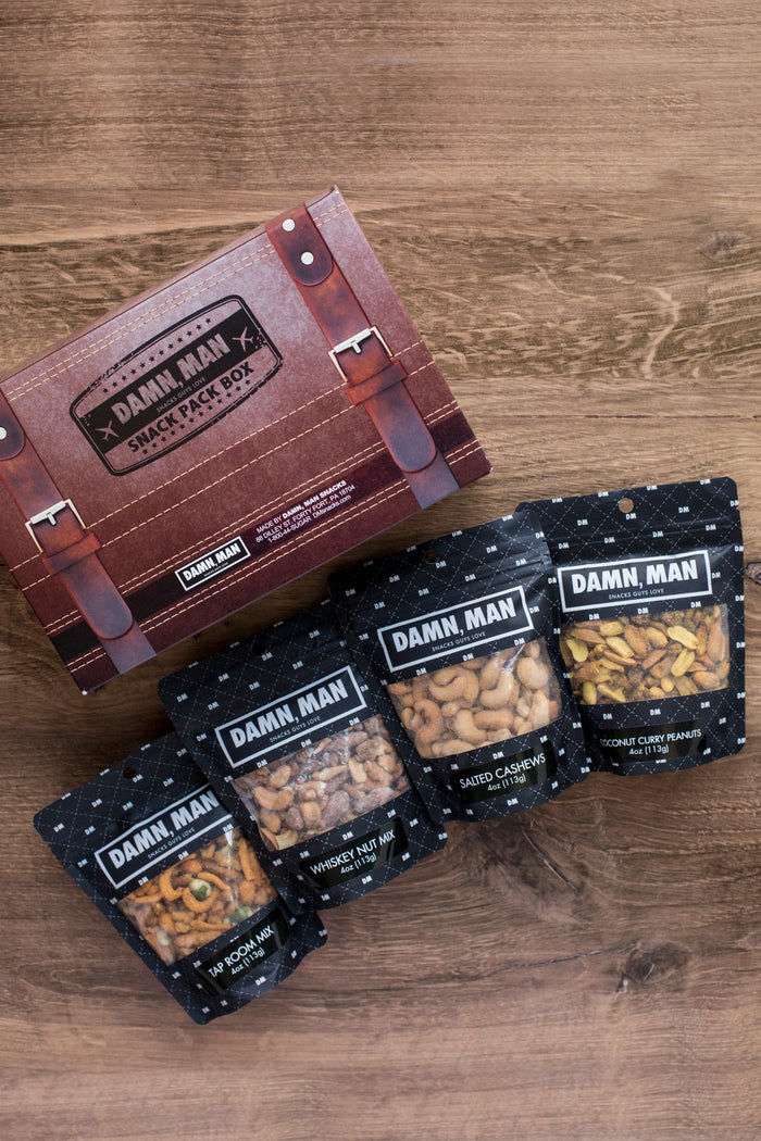 Build Your Own 4-Pack Box Mixed Nuts snack gifts for men by Damn, Man Snacks on wooden table