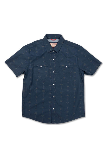 Navy short-sleeve button-up shirt with subtle geometric patterns and two chest pockets, laid flat against a white background.