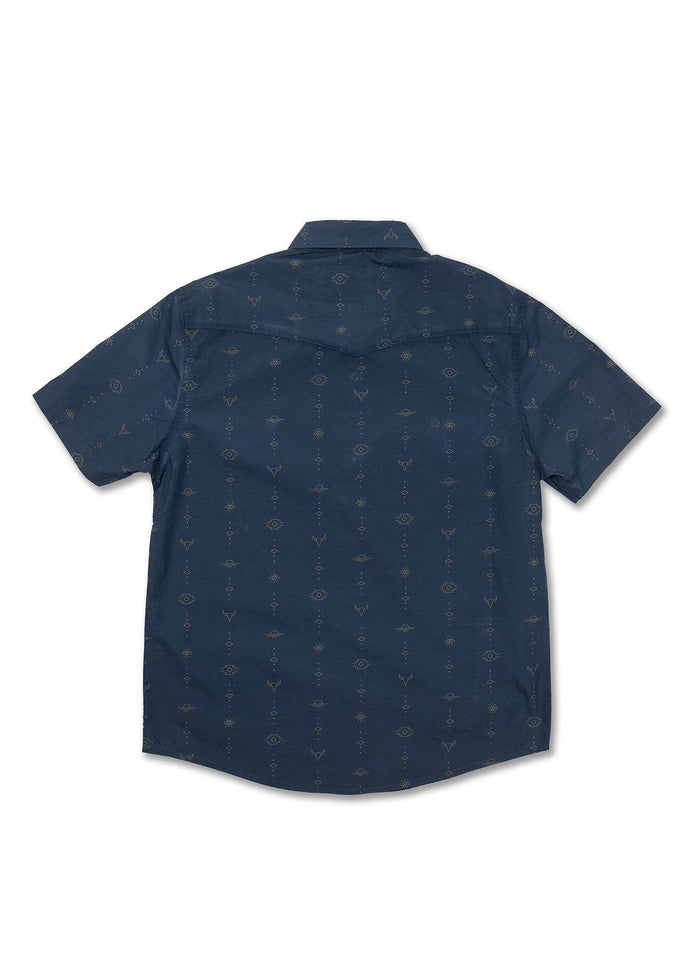 Navy blue short-sleeve shirt with subtle geometric patterns, viewed from the back, showcasing a classic collar and casual style.