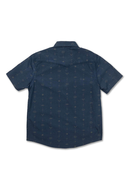 Navy blue short-sleeve shirt with subtle geometric patterns, viewed from the back, showcasing a classic collar and casual style.