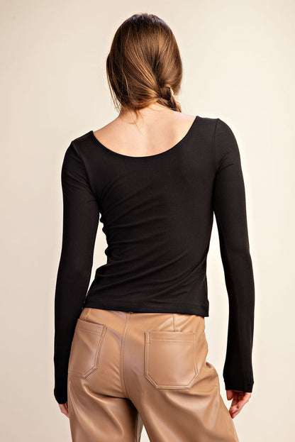 Butter Scoop Neck Long Sleeve Top - Black (Curvy Available)