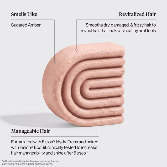 Kitsch Castor Oil Solid Conditioner Bar infographic highlighting Sugared Amber scent, smoother hair, and clinically tested ingredients for improved manageability and shine.