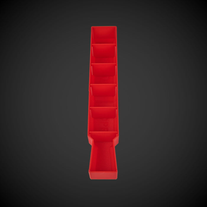 A red set of Milwaukee Slim Packout Centre bin dividers displayed in a vertical arrangement against a black background.