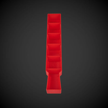 A red set of Milwaukee Slim Packout Centre bin dividers displayed in a vertical arrangement against a black background.