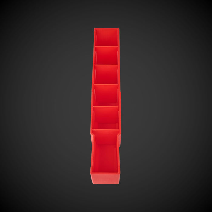 A red 3D printed Centre Divider Pack (Standard Full Width Packout), displayed in a vertical configuration against a black background.