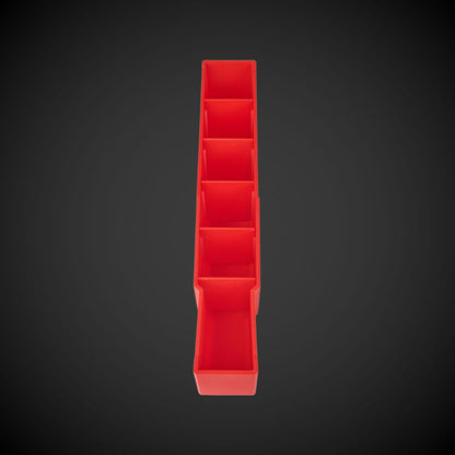 A red 3D printed Centre Divider Pack (Standard Full Width Packout), displayed in a vertical configuration against a black background.