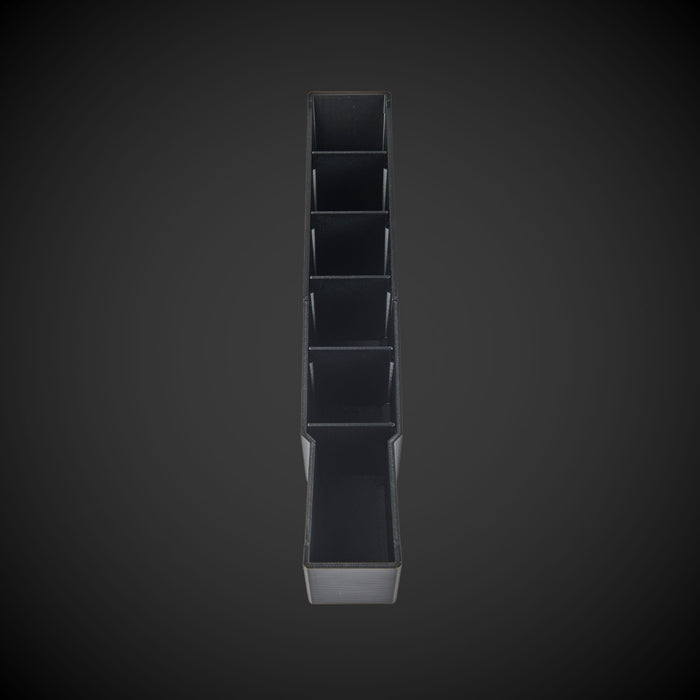 Black Centre Divider Pack (Standard Full Width Packout) with five square compartments on a dark gray background