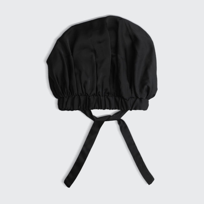 KITSCH XL Adjustable Satin Sleep Bonnet in Black — product flat lay — protects style and reduces frizz overnight