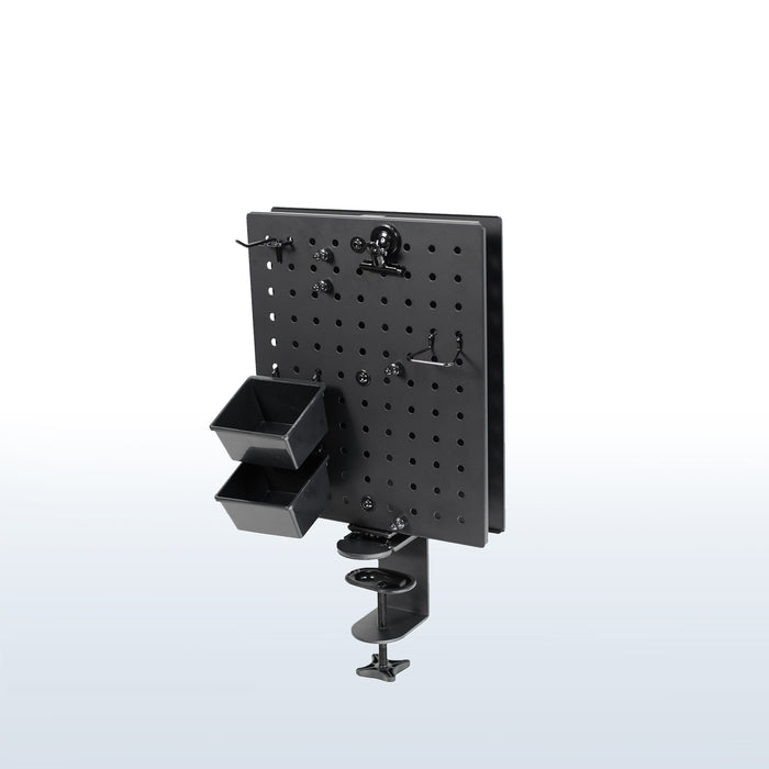 Clamp-on rotating pegboard for storage and privacy with accessories included. Double-sided organization panel featuring flexible placement and an easy assembly process.