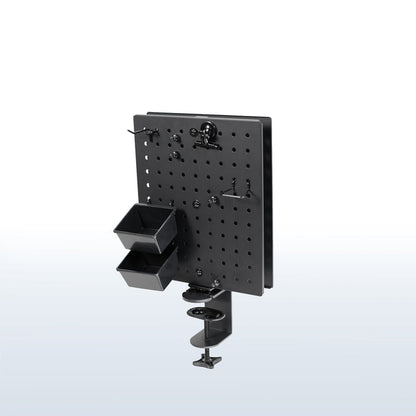 Clamp-on rotating pegboard for storage and privacy with accessories included. Double-sided organization panel featuring flexible placement and an easy assembly process.