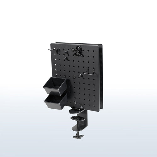 Clamp-on rotating pegboard for storage and privacy with accessories included. Double-sided organization panel featuring flexible placement and an easy assembly process.
