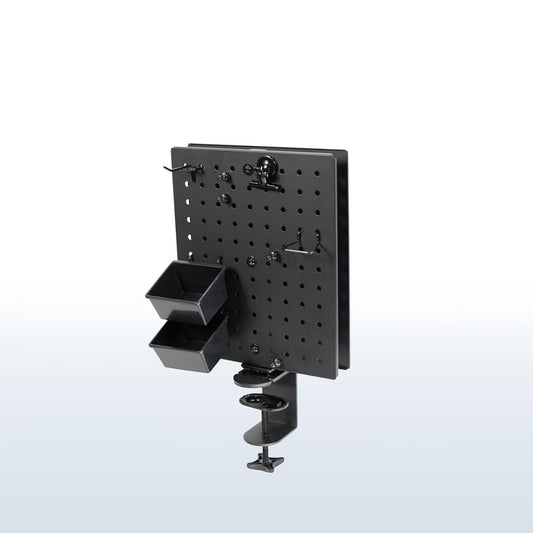 Clamp-on rotating pegboard for storage and privacy with accessories included. Double-sided organization panel featuring flexible placement and an easy assembly process.
