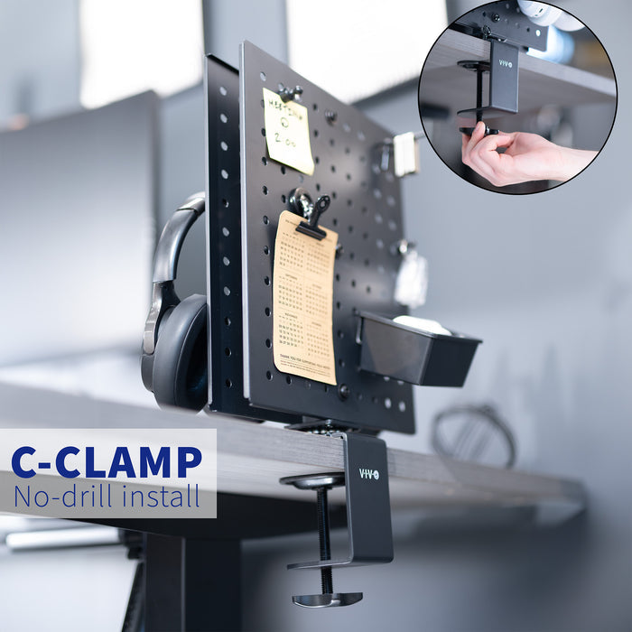 Clamp-on rotating pegboard for storage and privacy with accessories included. Double-sided organization panel featuring flexible placement and an easy assembly process.