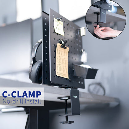 Clamp-on rotating pegboard for storage and privacy with accessories included. Double-sided organization panel featuring flexible placement and an easy assembly process.