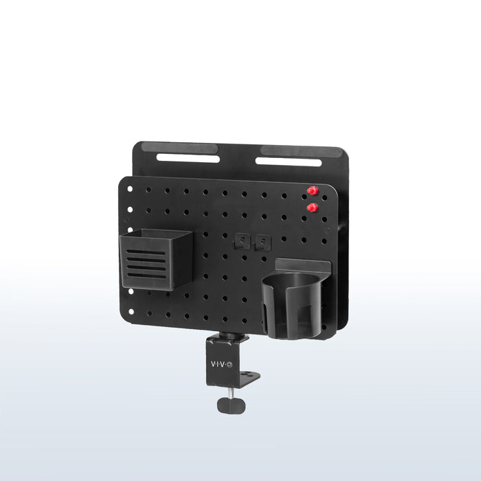 Clamp-on 360-degree rotating pegboard panel with laptop holder for storage and privacy with accessories included. Featuring flexible placement and an easy assembly process.