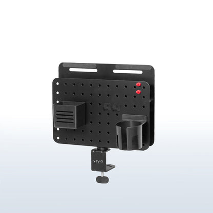 Clamp-on 360-degree rotating pegboard panel with laptop holder for storage and privacy with accessories included. Featuring flexible placement and an easy assembly process.