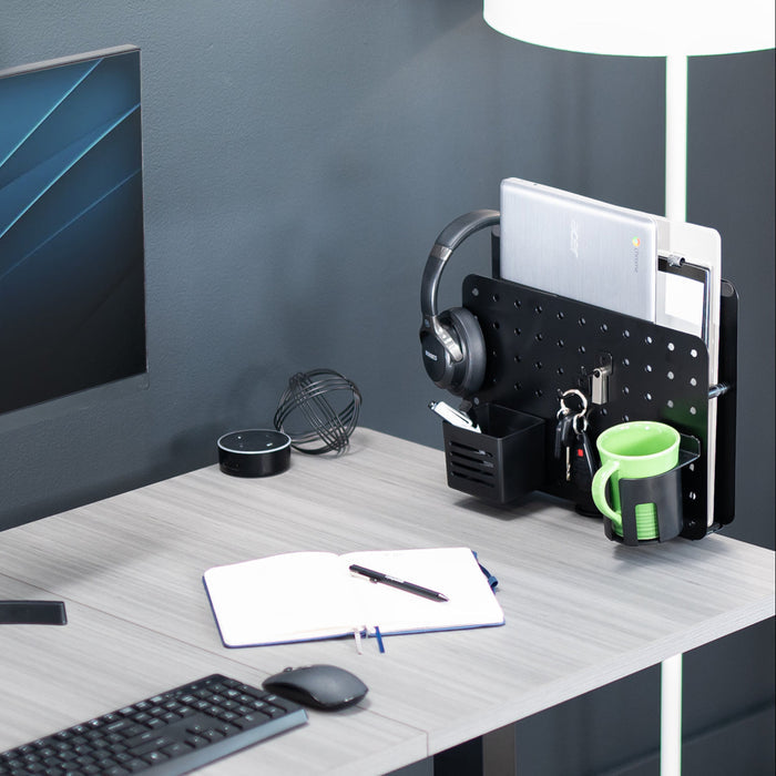 Clamp-on 360-degree rotating pegboard panel with laptop holder for storage and privacy with accessories included. Featuring flexible placement and an easy assembly process.