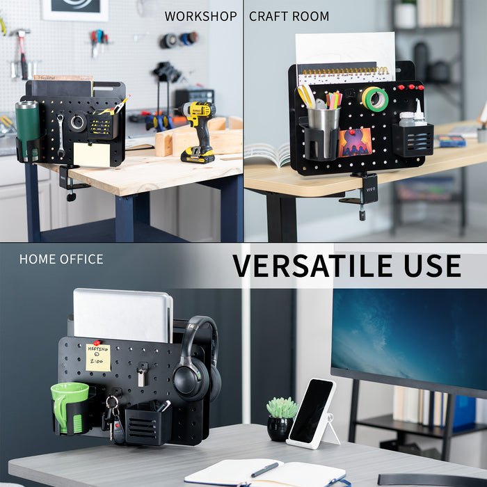 Clamp-on 360-degree rotating pegboard panel with laptop holder for storage and privacy with accessories included. Featuring flexible placement and an easy assembly process.