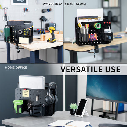 Clamp-on 360-degree rotating pegboard panel with laptop holder for storage and privacy with accessories included. Featuring flexible placement and an easy assembly process.