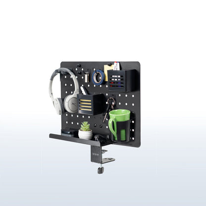 Clamp-on 360-degree rotating pegboard for storage and privacy with accessories included. Double-sided organization panel featuring above or below desk installation and an easy assembly process.
