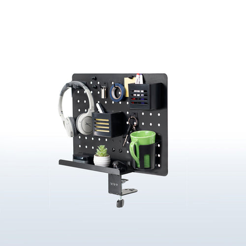 Clamp-on 360-degree rotating pegboard for storage and privacy with accessories included. Double-sided organization panel featuring above or below desk installation and an easy assembly process.