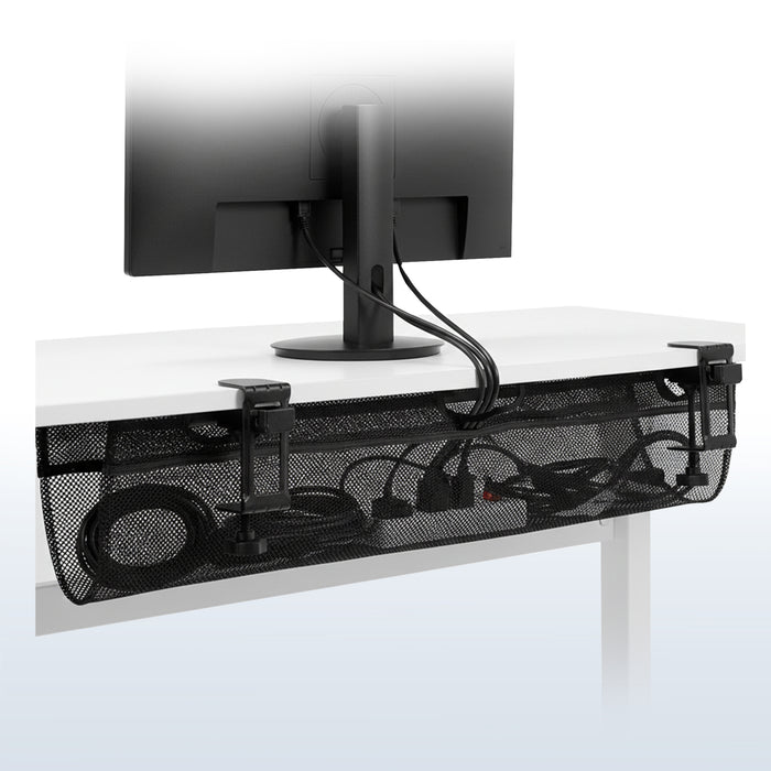 Long clamp on cable management net attached to a desk.
